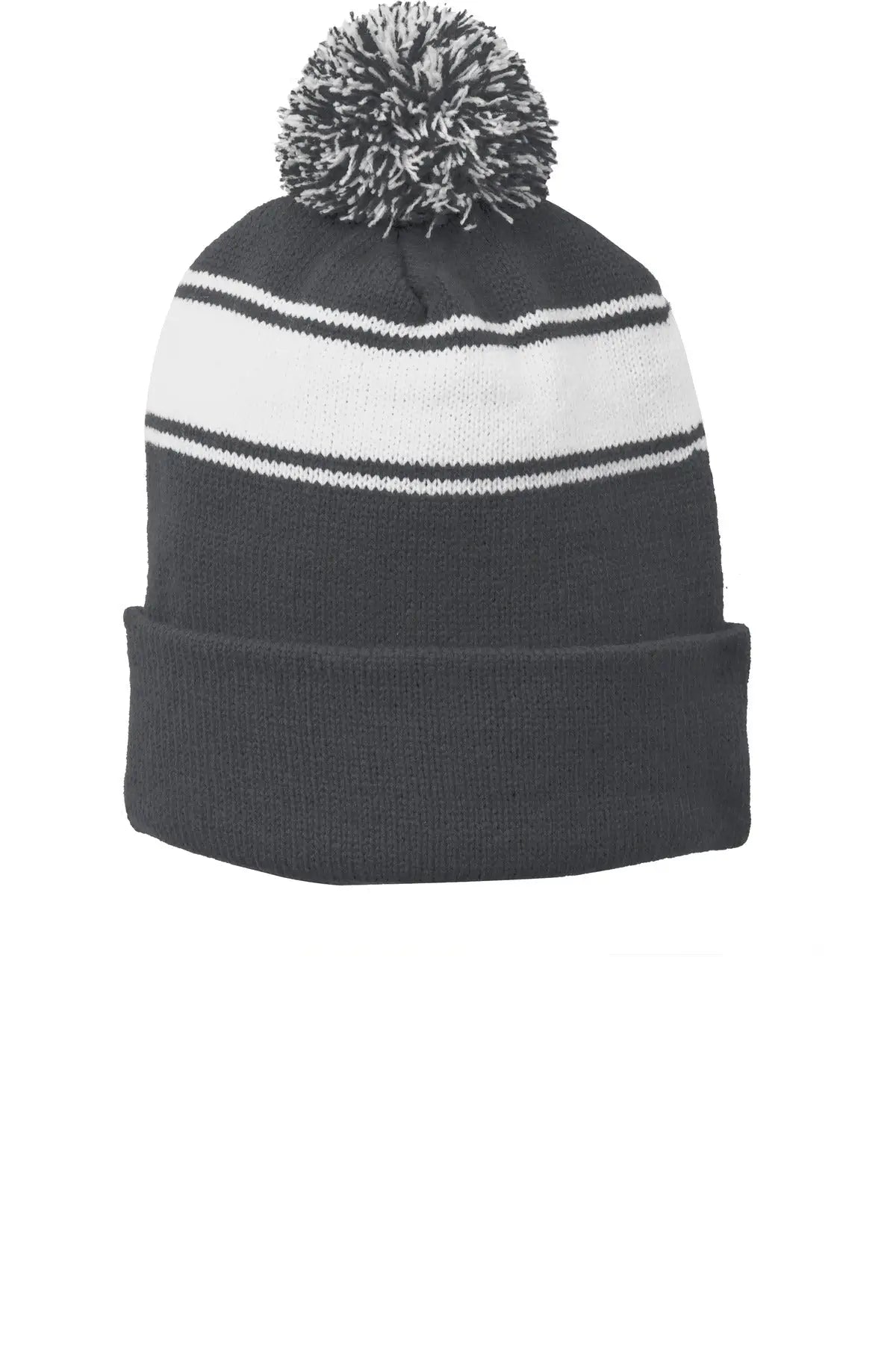 Sport-tek Stc28 Stripe Pom Beanie - Iron Gray White - Gray/ / one Size Fits Most