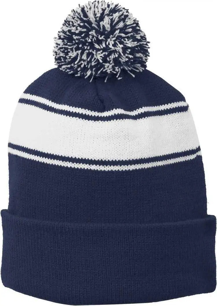 Sport-tek Stc28 Stripe Pom Beanie - True Navy White