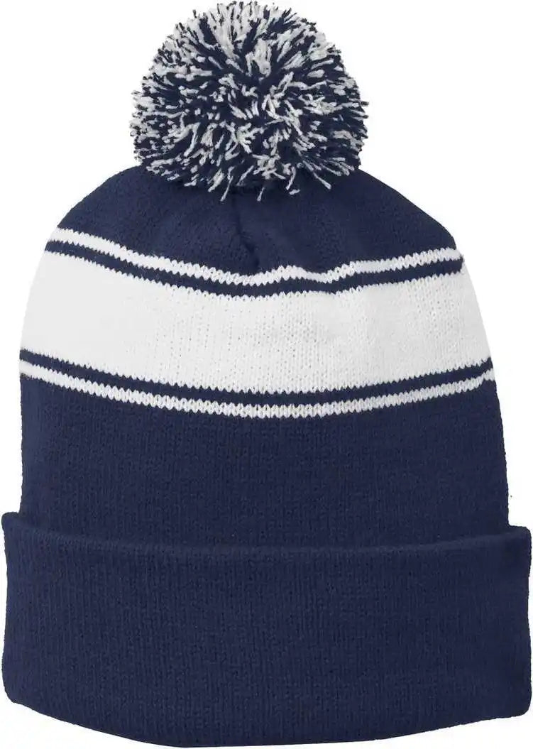 Sport-tek Stc28 Stripe Pom Beanie - True Navy White - one Size Fits Most