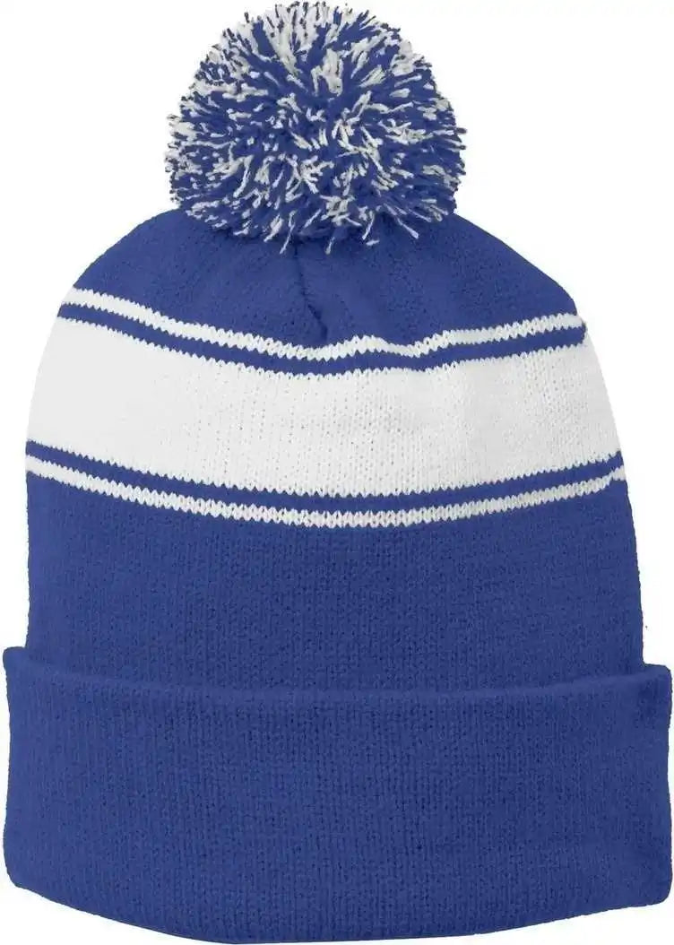 Sport Tek Stc28 Stripe Pom Beanie True Royal White / one Size Fits Most
