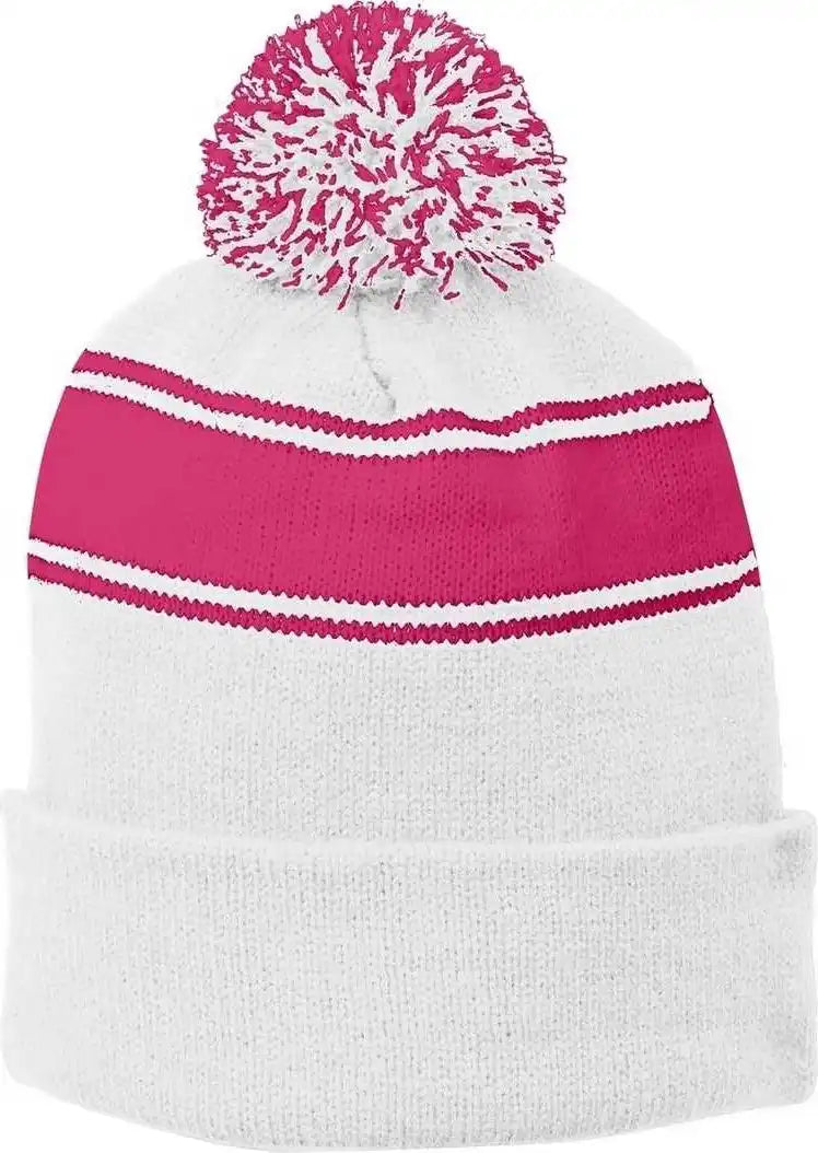 Sport-tek Stc28 Stripe Pom Beanie - White Pink Raspberry - Hot / one Size Fits Most