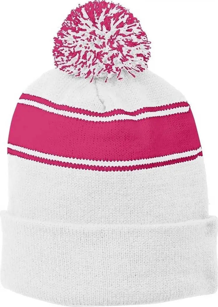 Sport-tek Stc28 Stripe Pom Beanie - White Pink Raspberry - Hot / one Size Fits Most