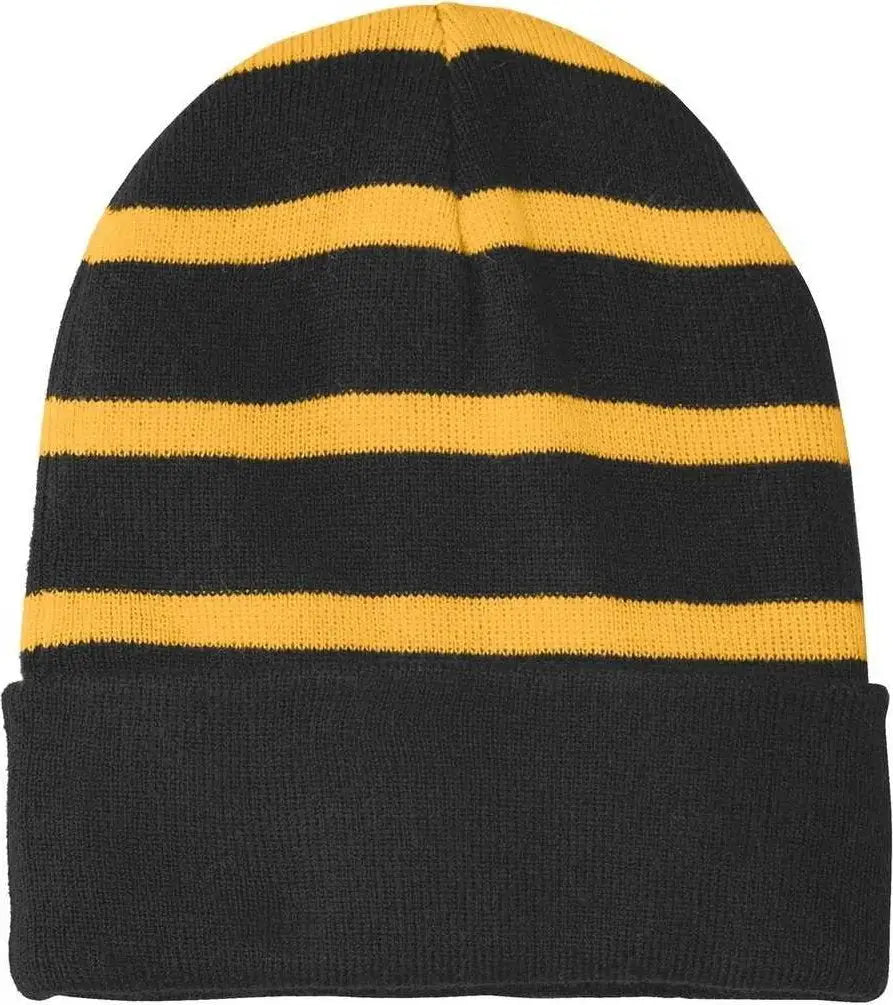 Sport-tek Stc31 Striped Beanie with Solid Band - Black Gold - one Size Fits Most