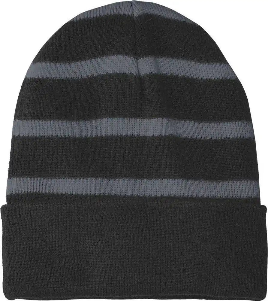 Sport Tek Stc31 Striped Beanie with Solid Band Black Iron Gray Dark / one Size Fits Most