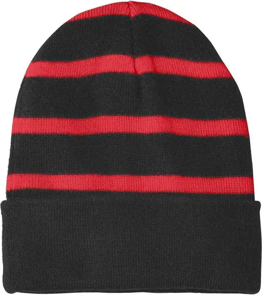 Sport-tek Stc31 Striped Beanie with Solid Band - Black True Red - one Size Fits Most