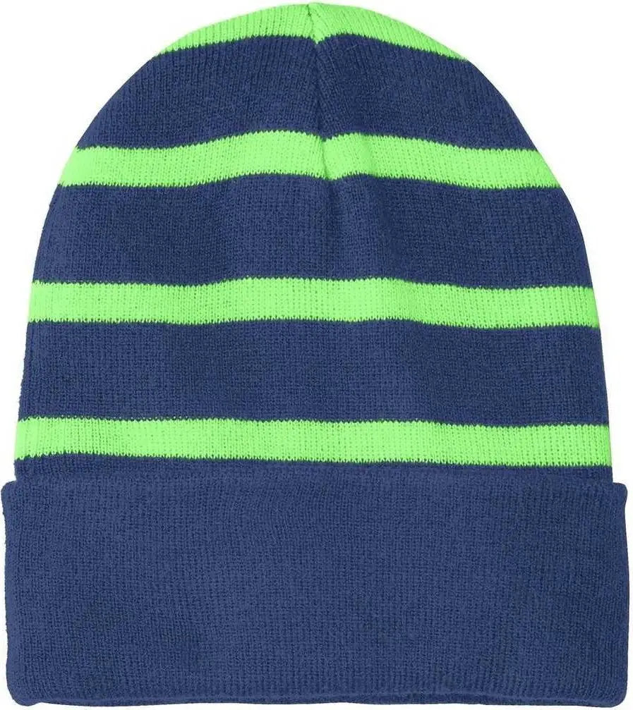 Sport-tek Stc31 Striped Beanie with Solid Band - Team Navy Flash Green - one Size Fits Most