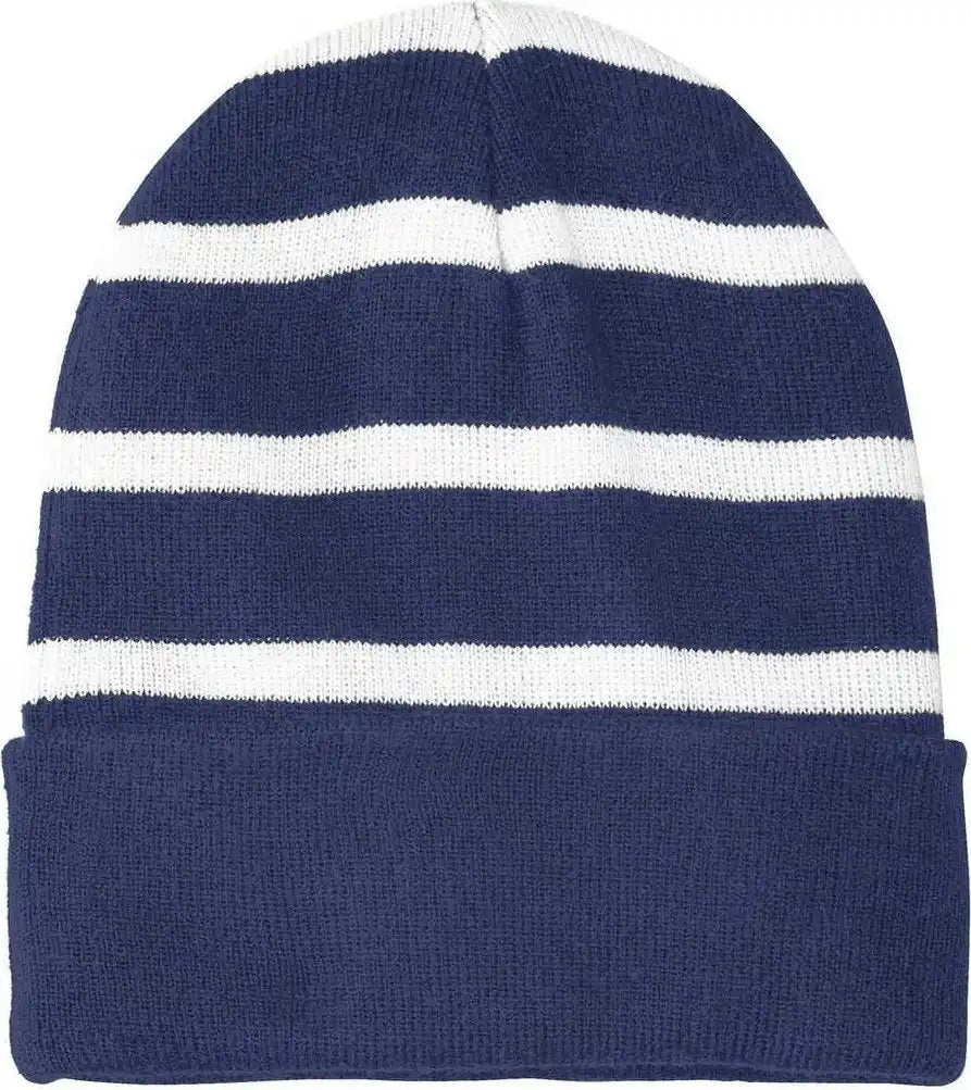 Sport Tek Stc31 Striped Beanie with Solid Band True Navy White / one Size Fits Most