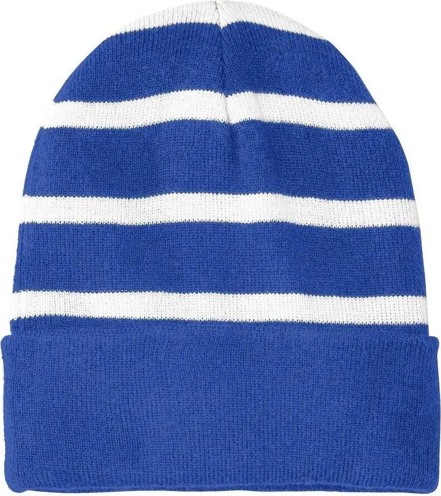 Sport-tek Stc31 Striped Beanie with Solid Band - True Royal White