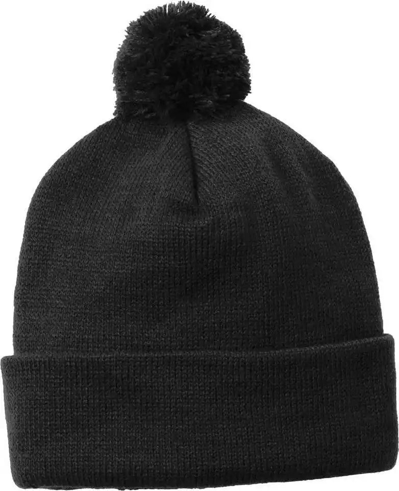 Black knit beanie with pompom from Sport-Tek STC37 Solid Pom Pom Beanie Black