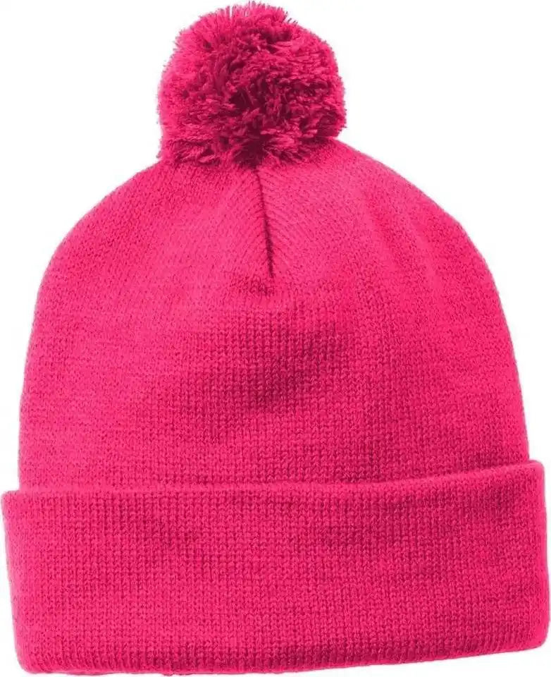 Sport Tek Stc37 Solid Pom Beanie Pink Raspberry Hot / one Size Fits Most