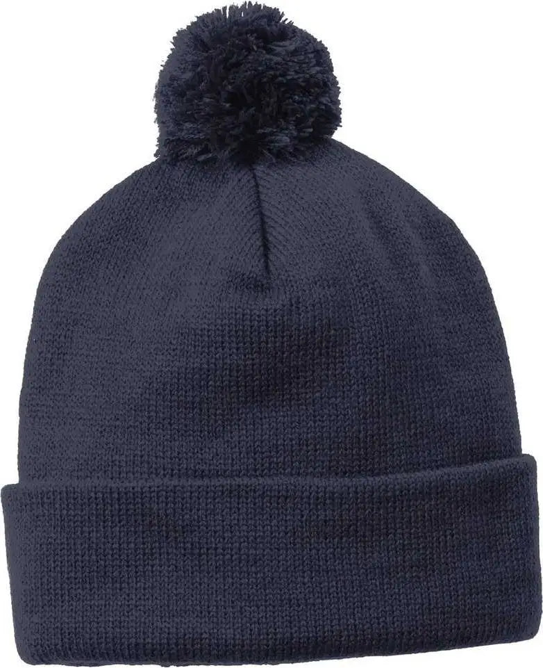 Navy knit beanie with pompom from Sport-Tek STC37 Solid Pom Pom Beanie collection