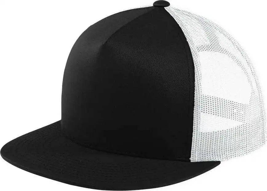 Sport-tek Stc38 Yupoong 5-panel Classic Trucker Mesh Back Cap - Black White - one Size Fits Most