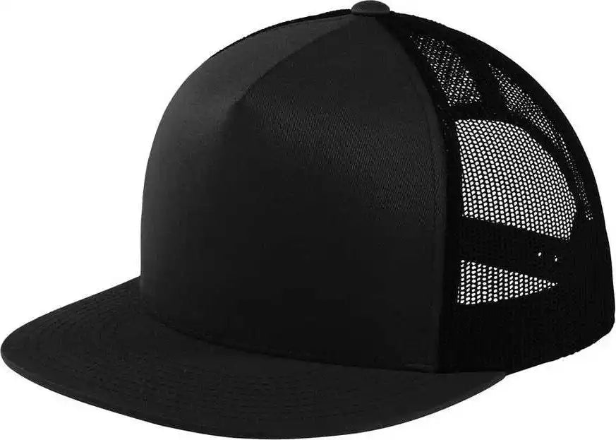 Black mesh-back trucker cap from Sport-Tek STC38 Yupoong 5-Panel Classic Trucker series