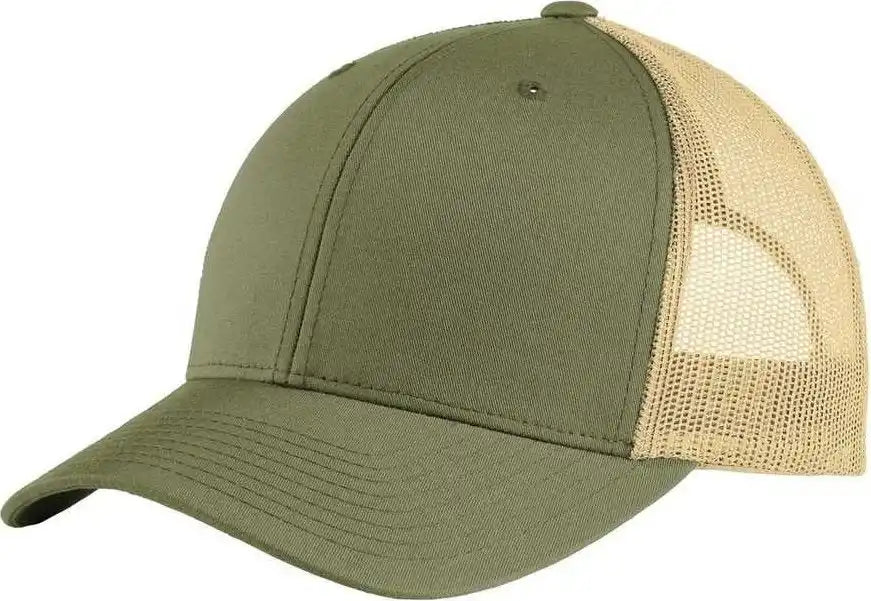 Olive green trucker hat with tan mesh back from Sport-Tek STC39 Yupoong Retro Trucker Cap
