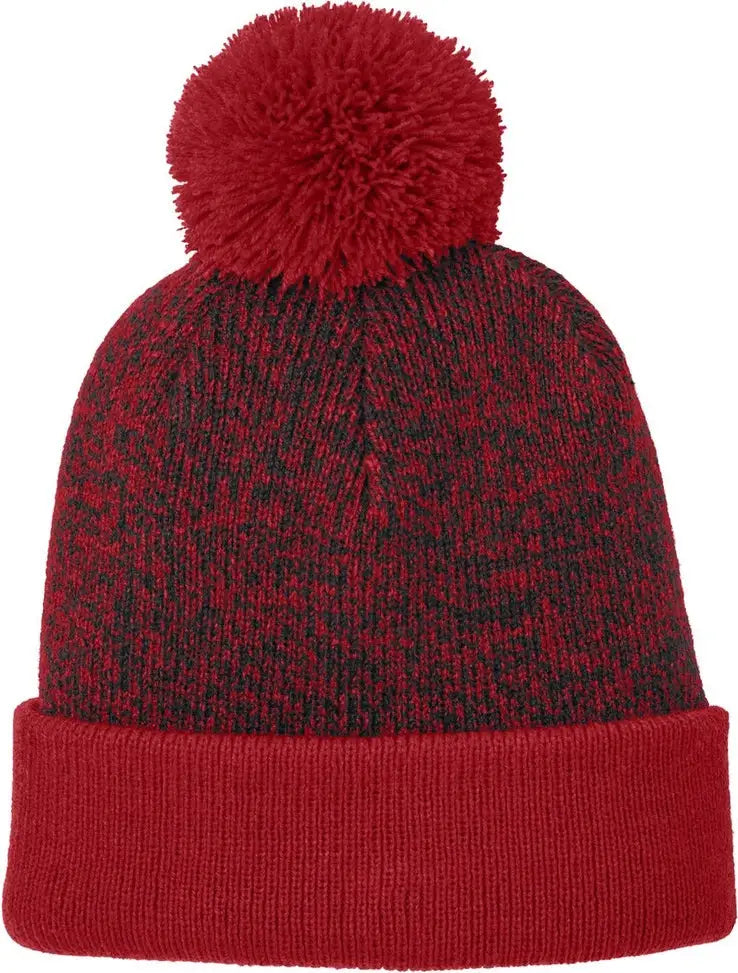 Sport-tek Stc68 Halftime Heather Pom Beanie - Deep Red Black - Red/ / Adult Osfa