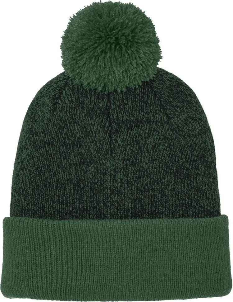Sport-tek Stc68 Halftime Heather Pom Beanie - Forest Green Black - Green/ / Adult Osfa