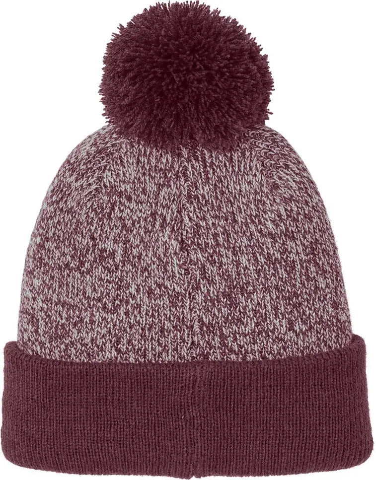 Sport-tek Stc68 Halftime Heather Pom Beanie - Maroon Silver