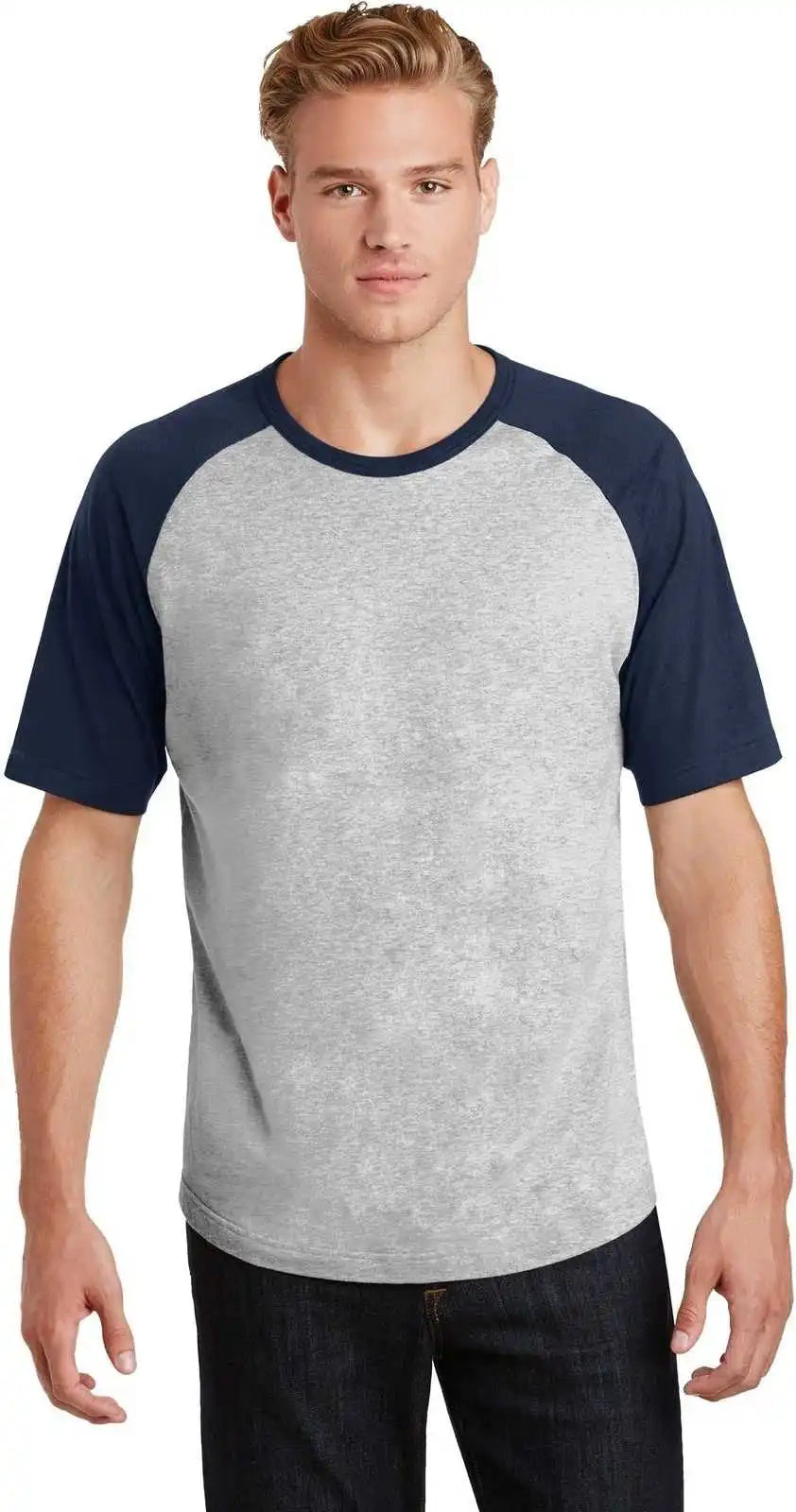 Sport Tek T201 Short Sleeve Colorblock Raglan Jersey Heather Gray Navy