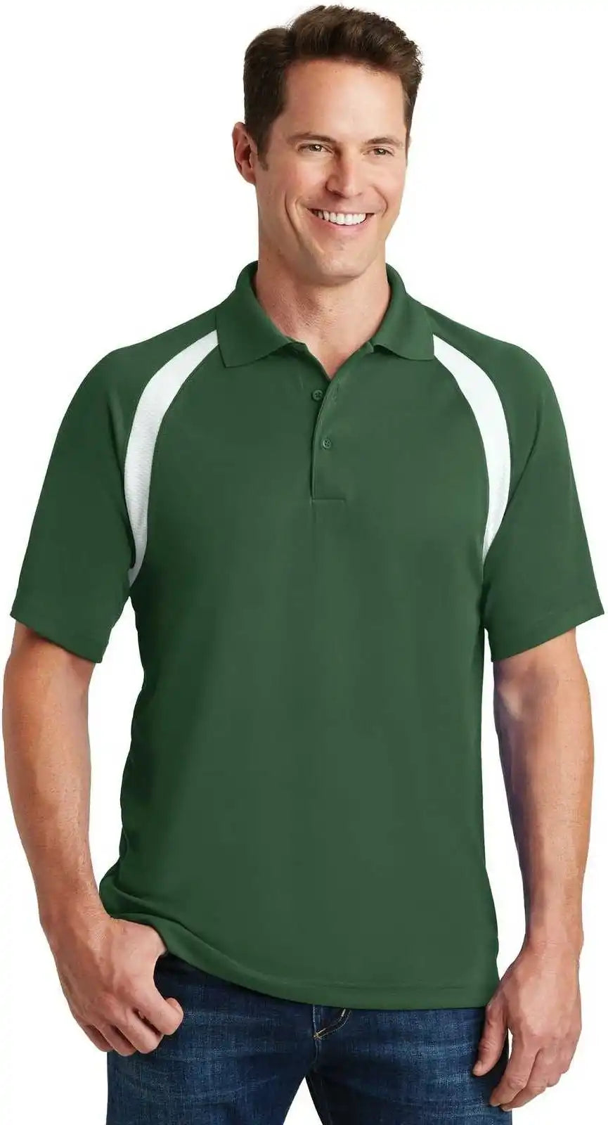Sport Tek T476 Dry Zone Colorblock Raglan Polo Forest Green White