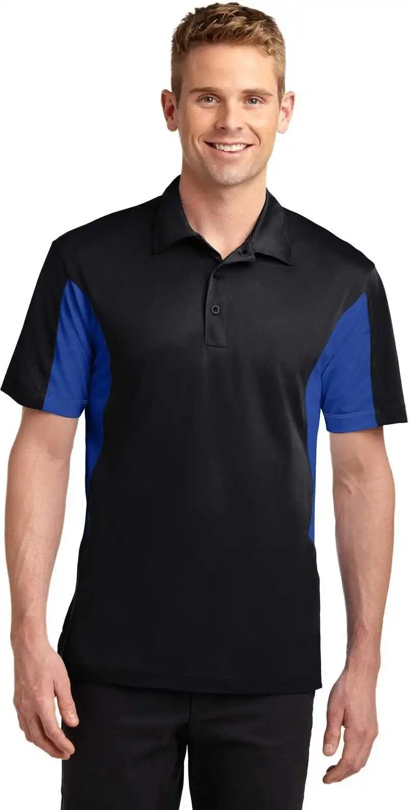 Sport Tek Tst655 Tall Side Blocked Micropique Wick Polo Black True Royal