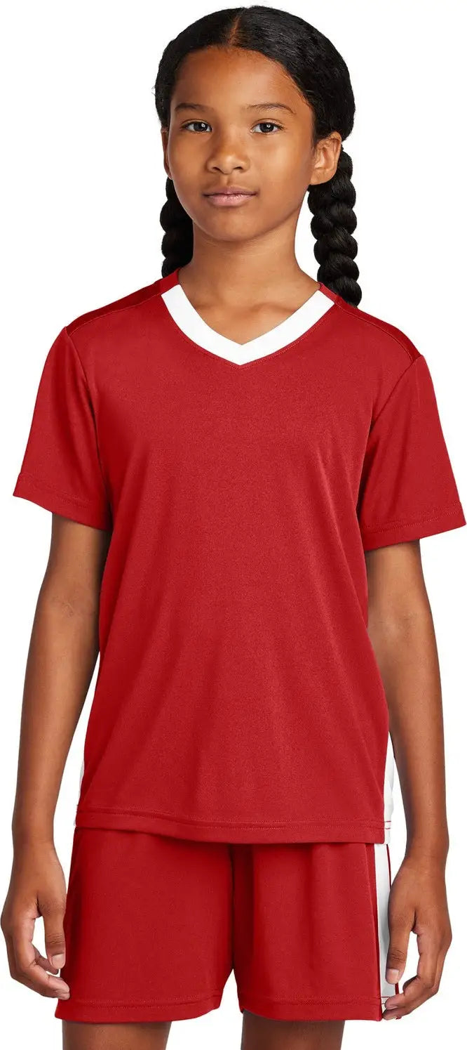 Sport-tek Yst101 Youth Competitor United V-neck - Deep Red White - Red/ / Xs