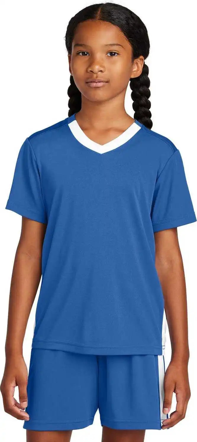Sport-tek Yst101 Youth Competitor United V-neck - True Royal/ White