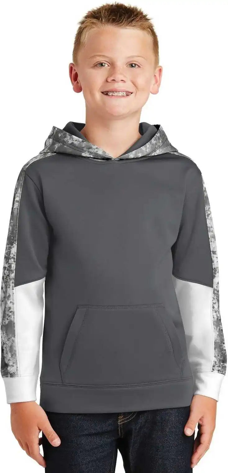 Sport Tek Yst231 Youth Wick Mineral Freeze Fleece Colorblock Hooded Pullover Dark Smoke Gray