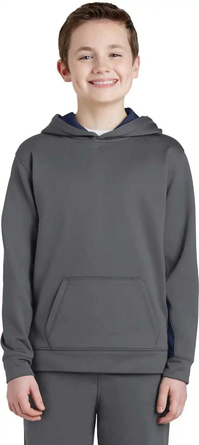 Sport Tek Yst235 Youth Wick Fleece Colorblock Hooded Pullover Dark Smoke Gray Navy