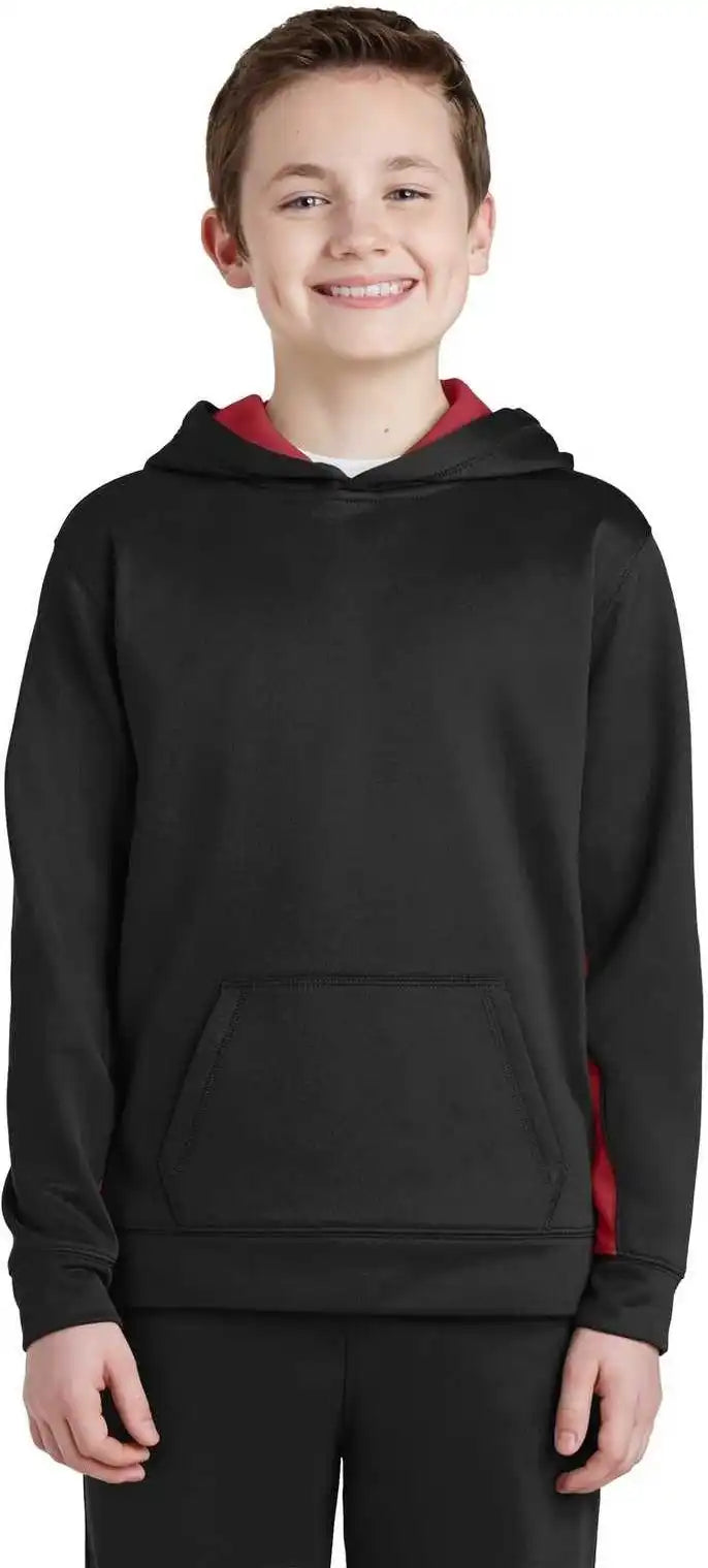 Sport Tek Yst235 Youth Wick Fleece Colorblock Hooded Pullover Black Deep Red