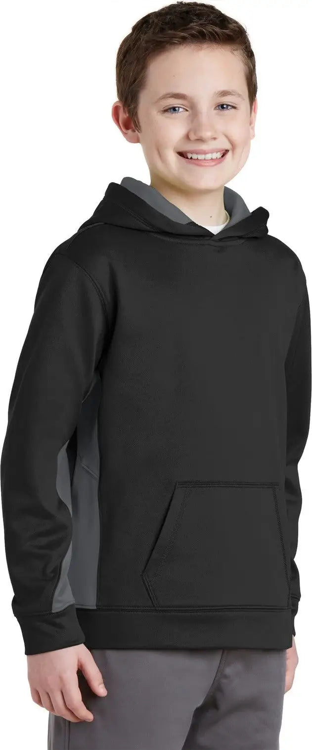 Sport-tek Yst235 Youth Sport-wick Fleece Colorblock Hooded Pullover - Black Dark Smoke Gray