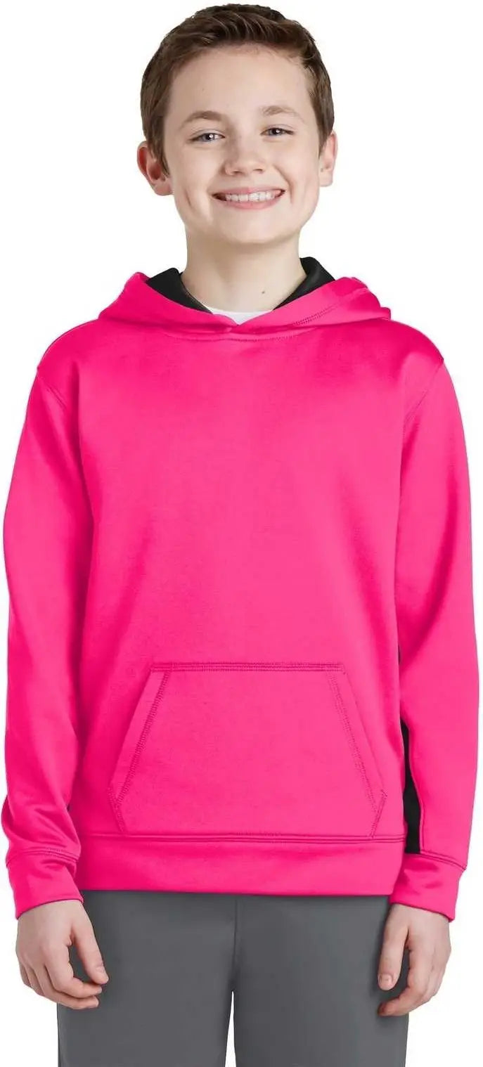 Sport-tek Yst235 Youth Sport-wick Fleece Colorblock Hooded Pullover - Neon Pink Black