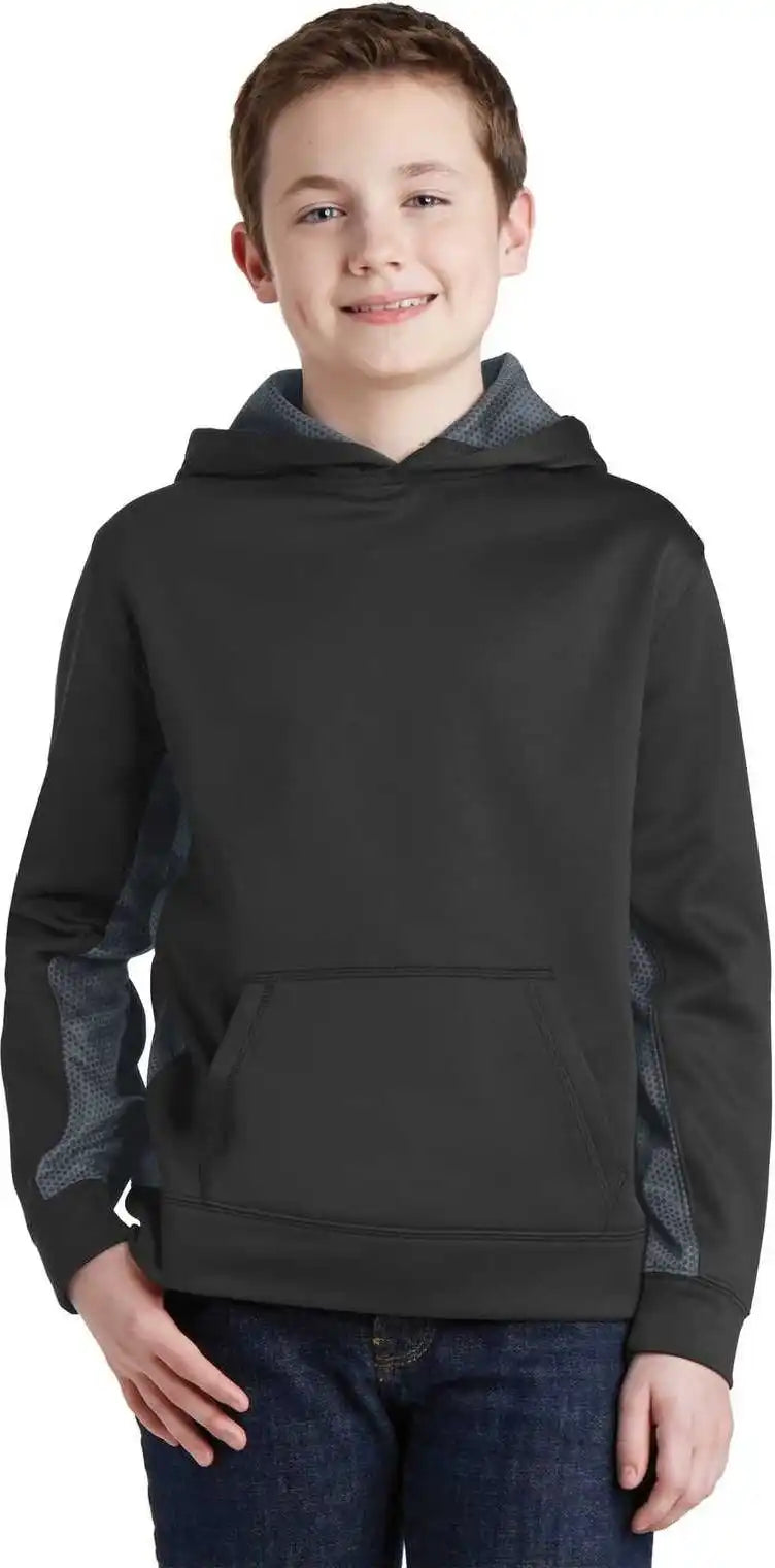 Sport-tek Yst239 Youth Sport-wick Camohex Fleece Colorblock Hooded Pullover - Black Dark Smoke Gray