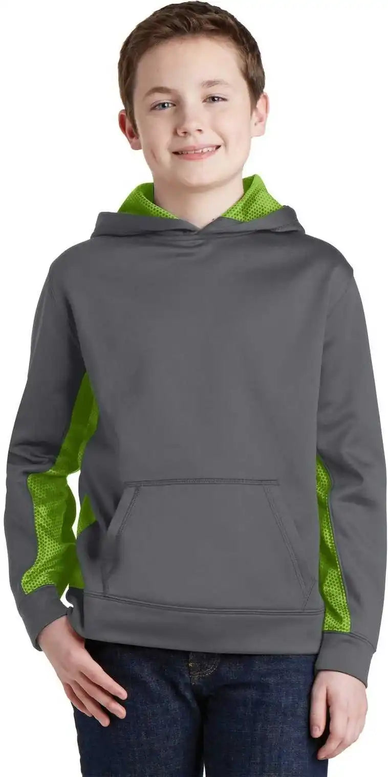 Sport Tek Yst239 Youth Wick Camohex Fleece Colorblock Hooded Pullover Dark Smoke Gray Lime Shock