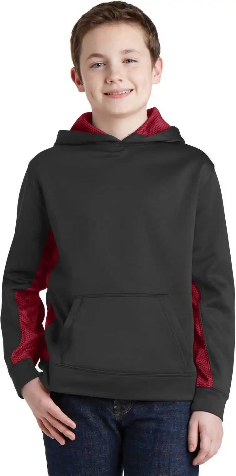 Sport Tek Yst239 Youth Wick Camohex Fleece Colorblock Hooded Pullover Black Deep Red