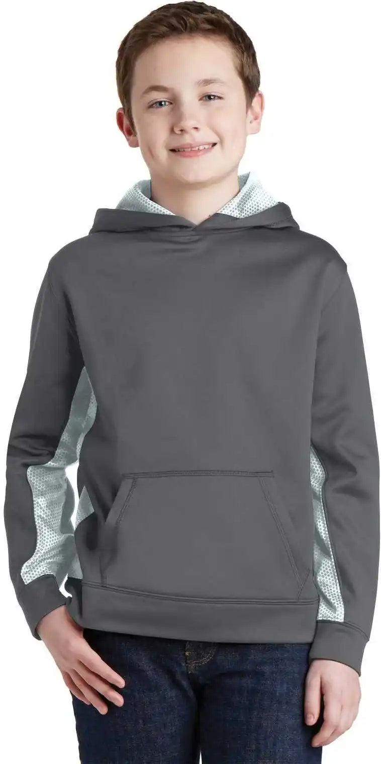 Sport Tek Yst239 Youth Wick Camohex Fleece Colorblock Hooded Pullover Dark Smoke Gray White
