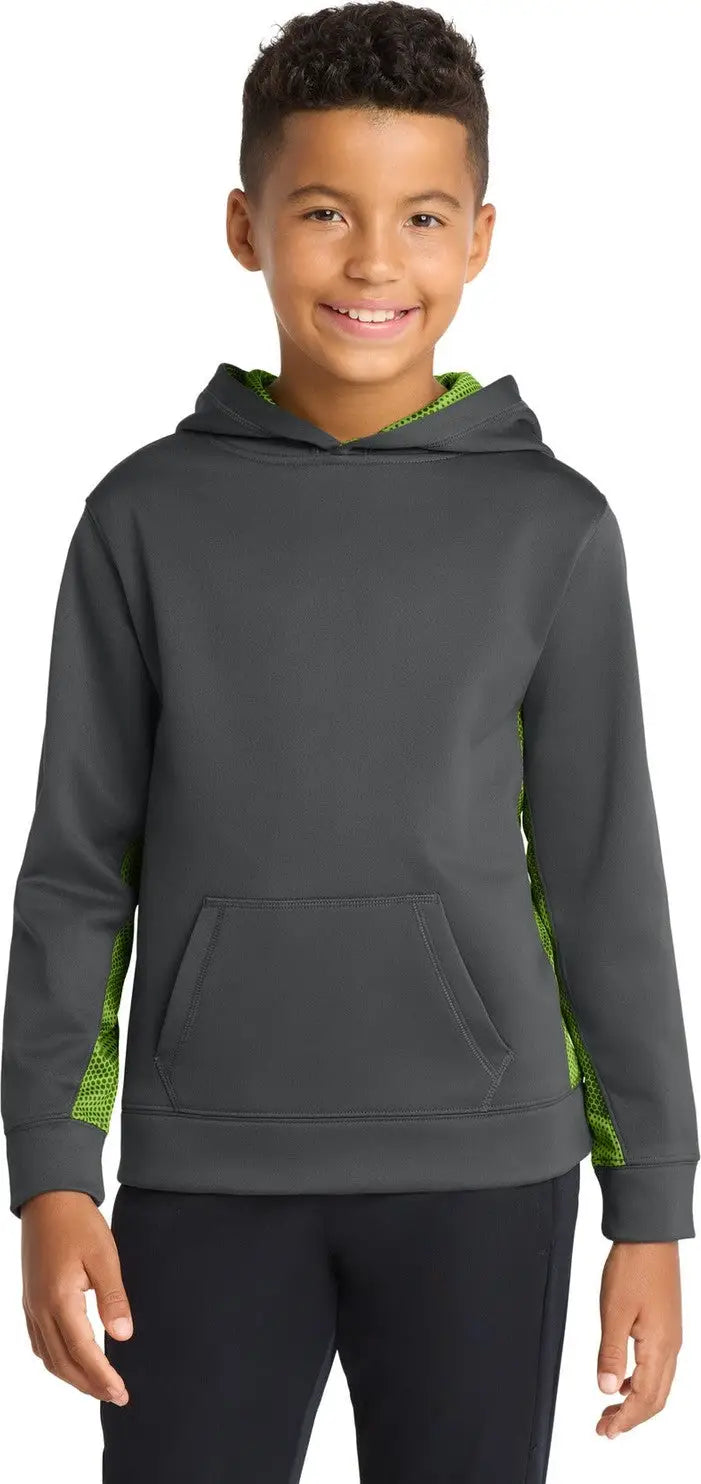 Sport-tek Yst239 Youth Sport-wick Camohex Fleece Colorblock Hooded Pullover - Dark Smoke Gray Lime Shock