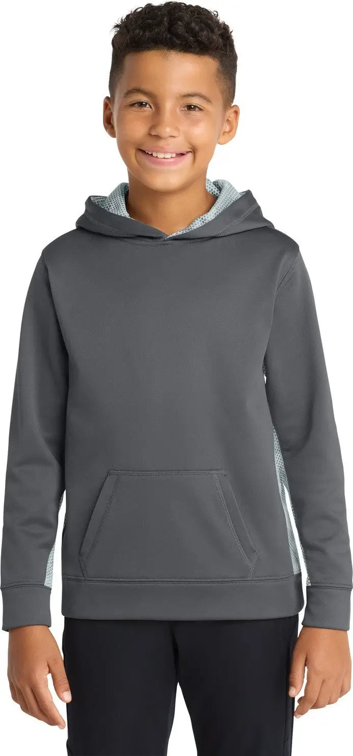 Sport-tek Yst239 Youth Sport-wick Camohex Fleece Colorblock Hooded Pullover - Dark Smoke Gray White