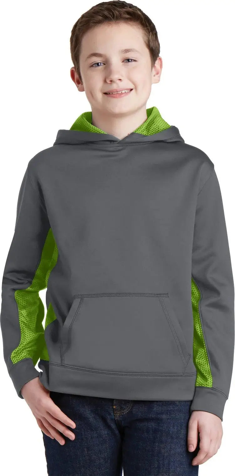 Sport-tek Yst239 Youth Sport-wick Camohex Fleece Colorblock Hooded Pullover - Dark Smoke Gray Lime Shock - Gray/ / Xs
