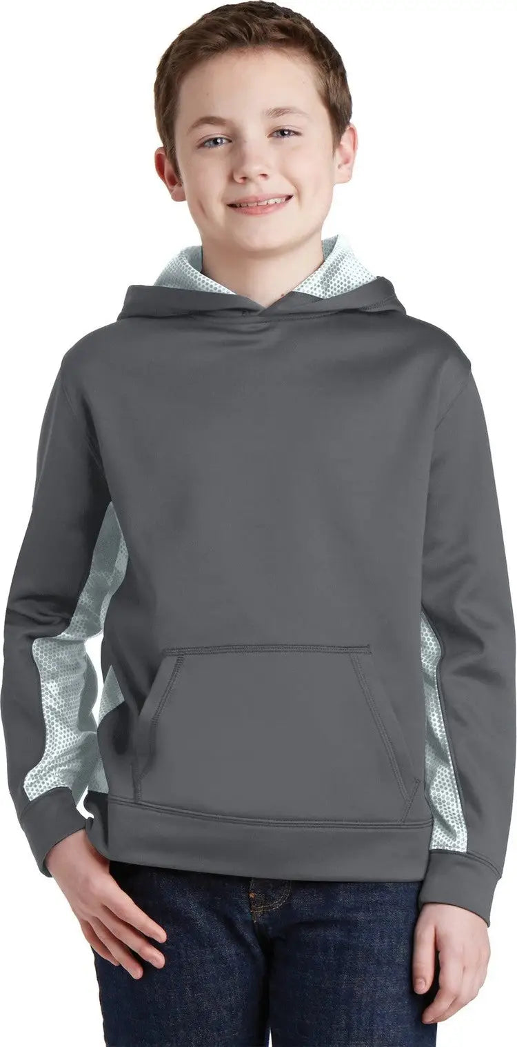 Sport-tek Yst239 Youth Sport-wick Camohex Fleece Colorblock Hooded Pullover - Dark Smoke Gray White - Gray/ / Xs