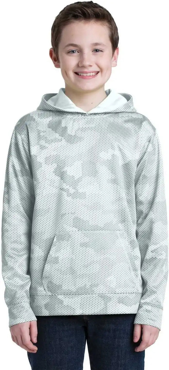 Sport-tek Yst240 Youth Sport-wick Camohex Fleece Hooded Pullover - White