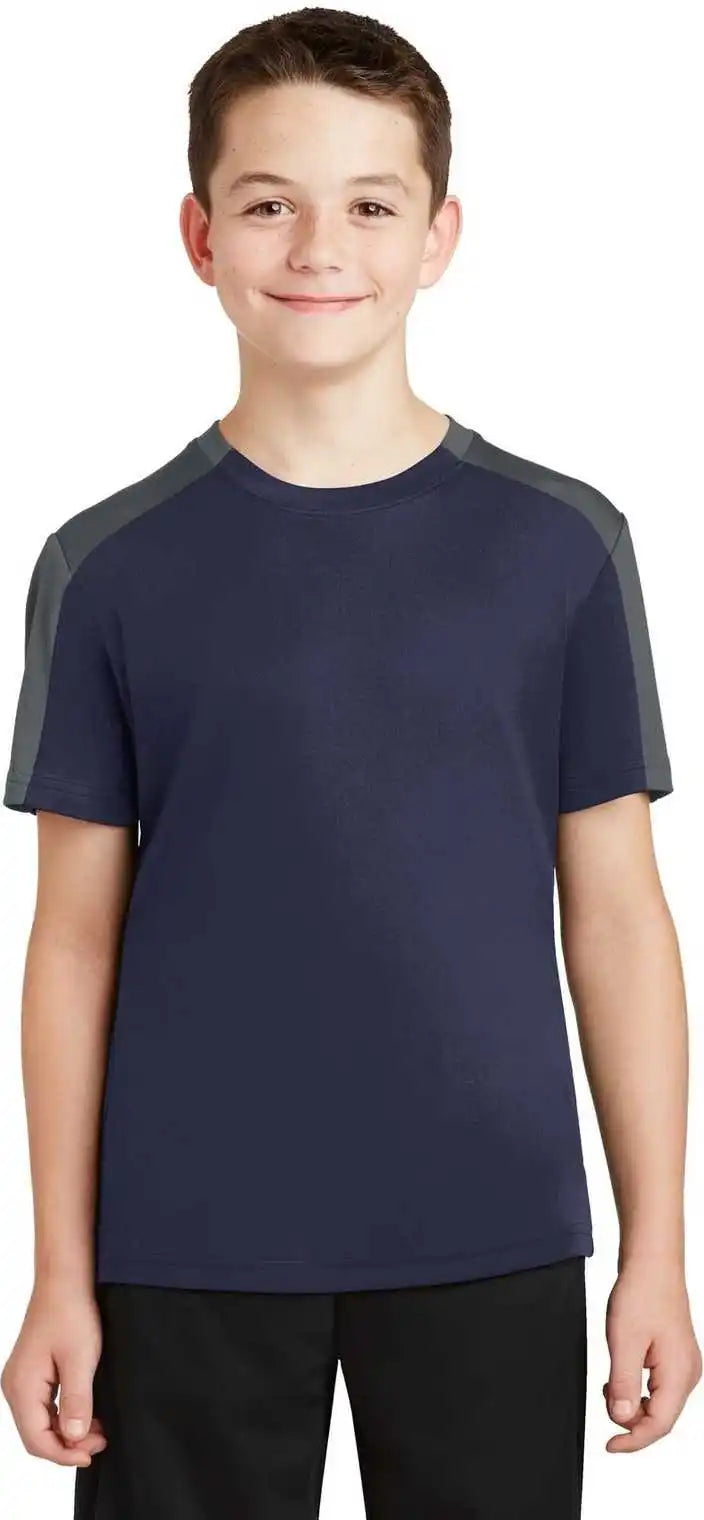 Sport-tek Yst354 Youth Posicharge Competitor Sleeve-blocked Tee - True Navy Iron Gray