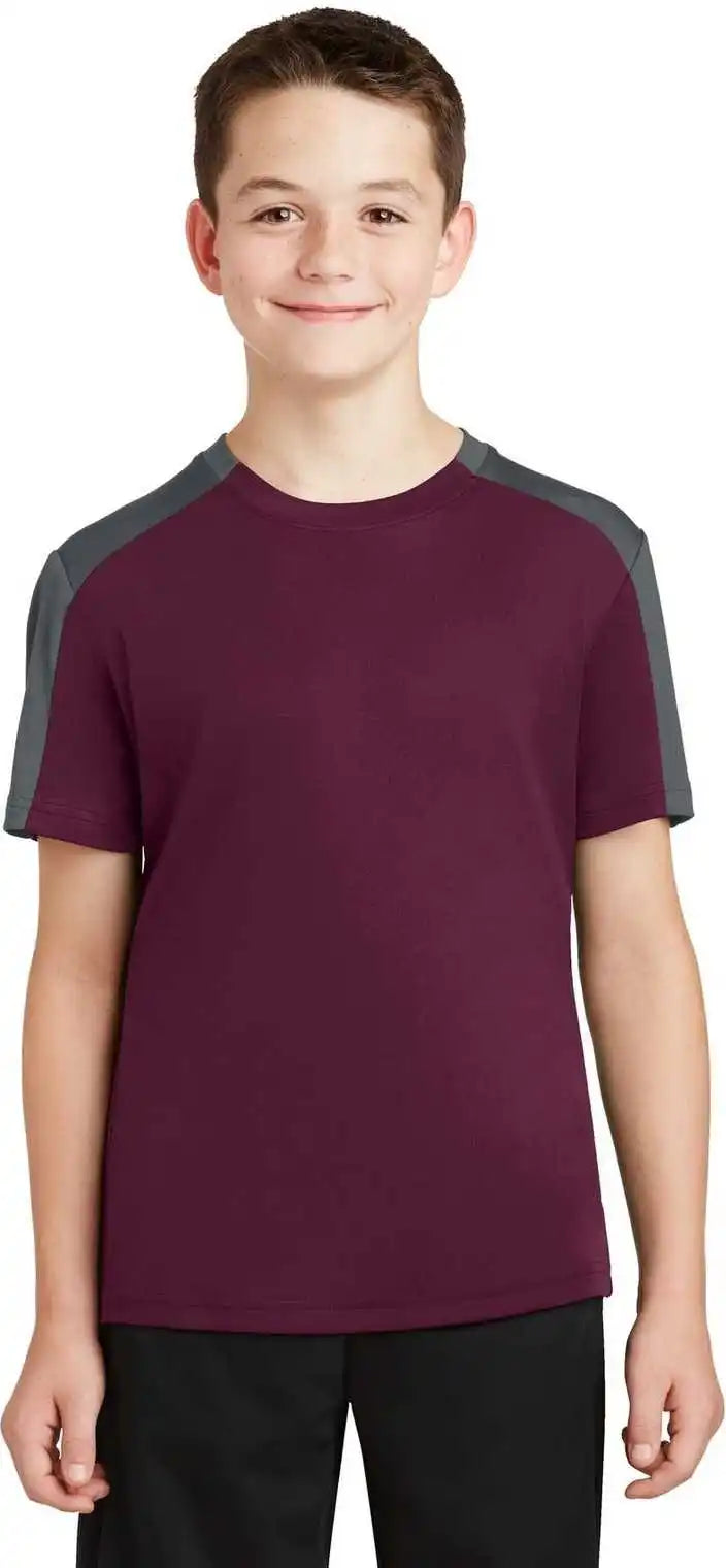 Sport-tek Yst354 Youth Posicharge Competitor Sleeve-blocked Tee - Maroon Iron Gray