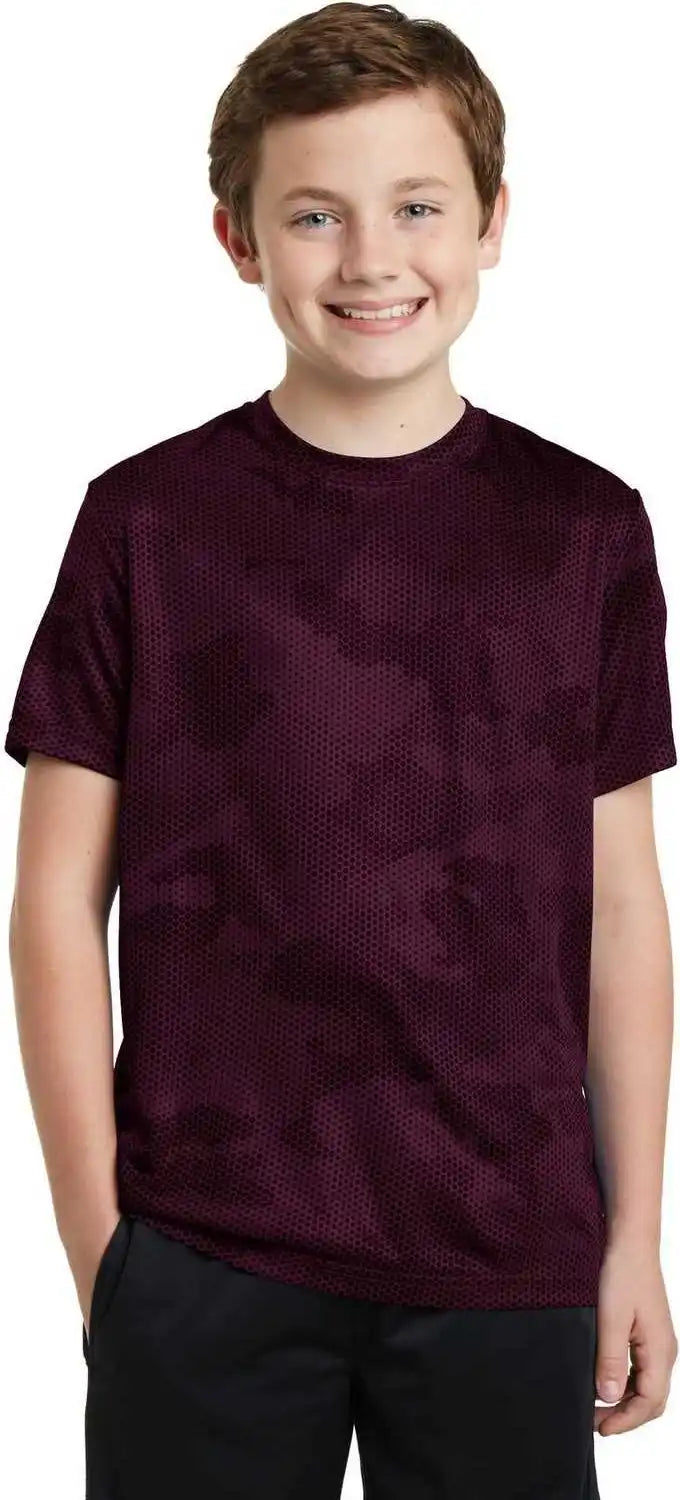 Sport Tek Yst370 Youth Camohex Tee Maroon