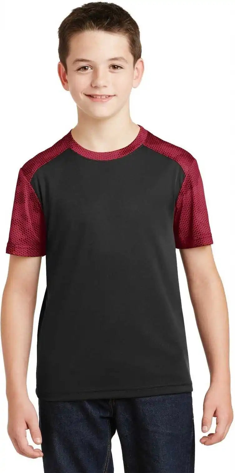 Sport-tek Yst371 Youth Camohex Colorblock Tee - Black Deep Red