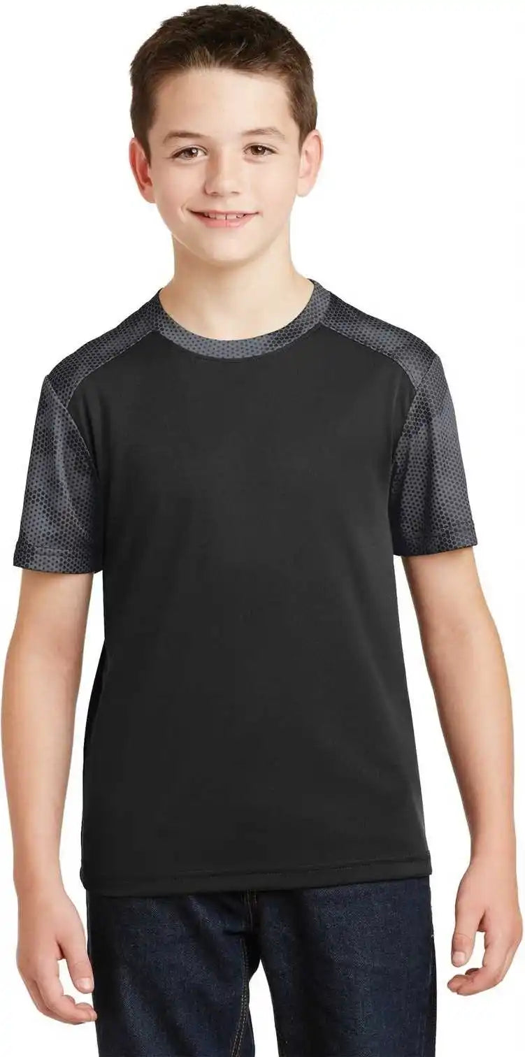 Sport-tek Yst371 Youth Camohex Colorblock Tee - Black Iron Gray
