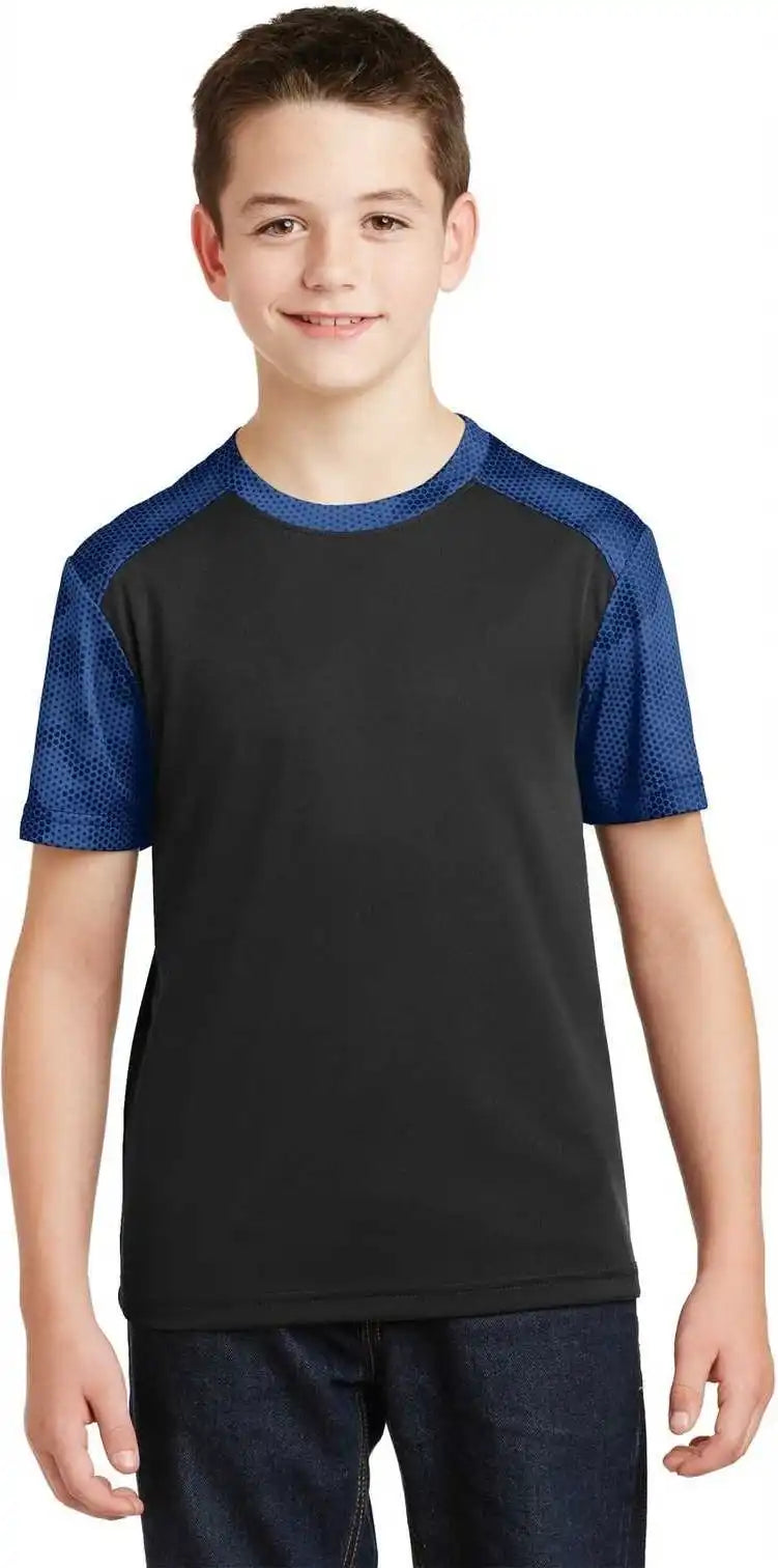 Sport-tek Yst371 Youth Camohex Colorblock Tee - Black True Royal