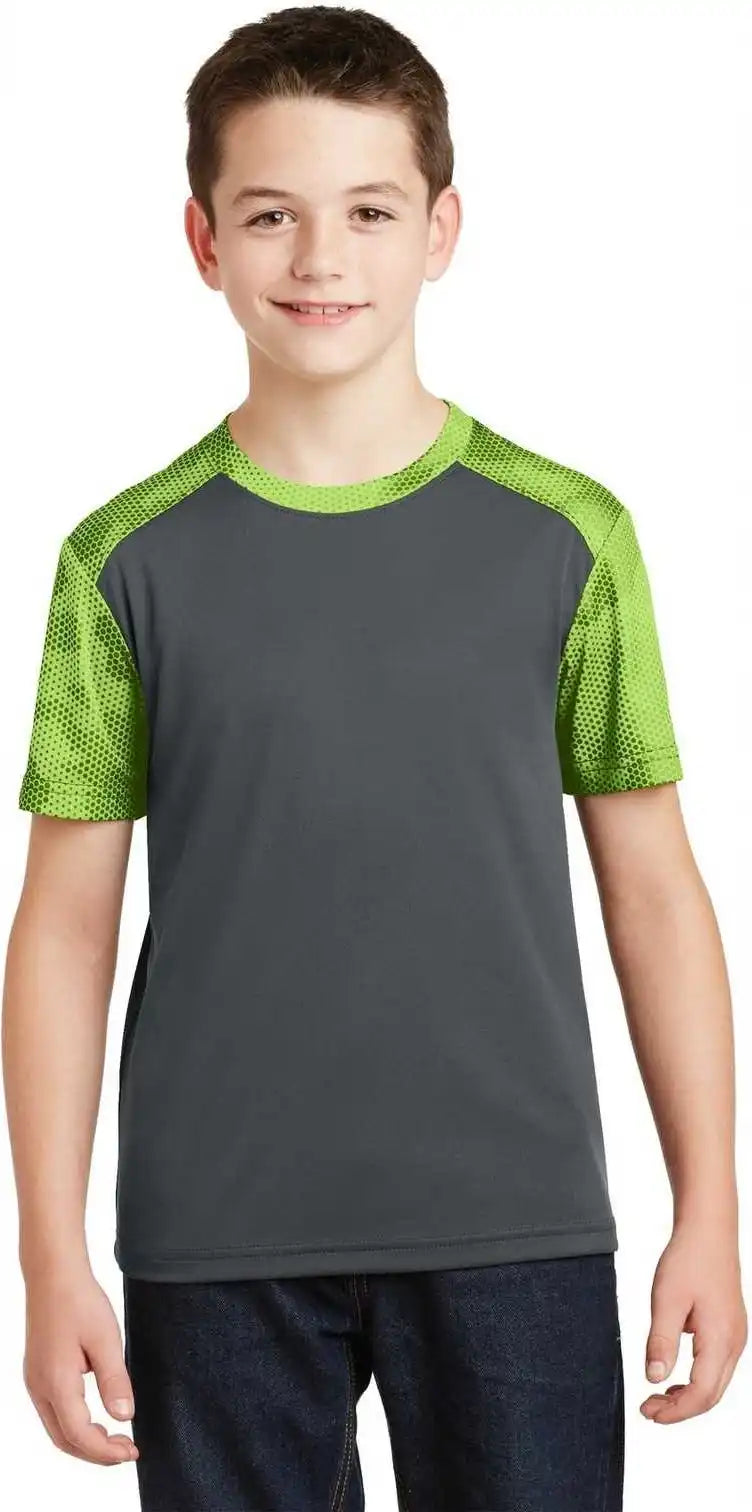 Sport-tek Yst371 Youth Camohex Colorblock Tee - Iron Gray Lime Shock