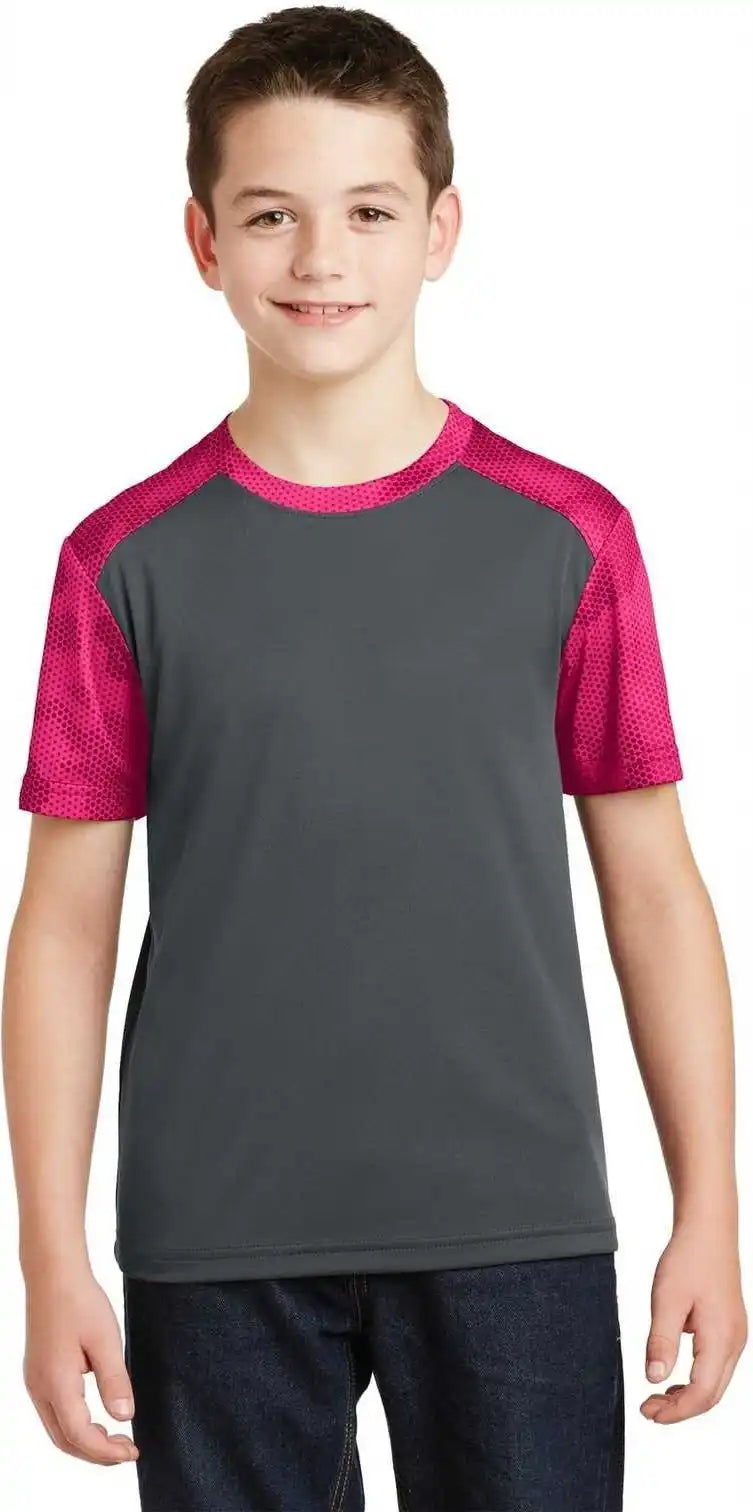 Sport-tek Yst371 Youth Camohex Colorblock Tee - Iron Gray Pink Raspberry