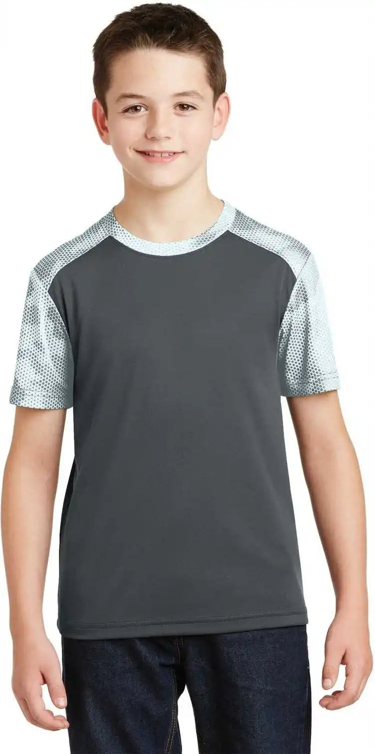 Sport-tek Yst371 Youth Camohex Colorblock Tee - Iron Gray White