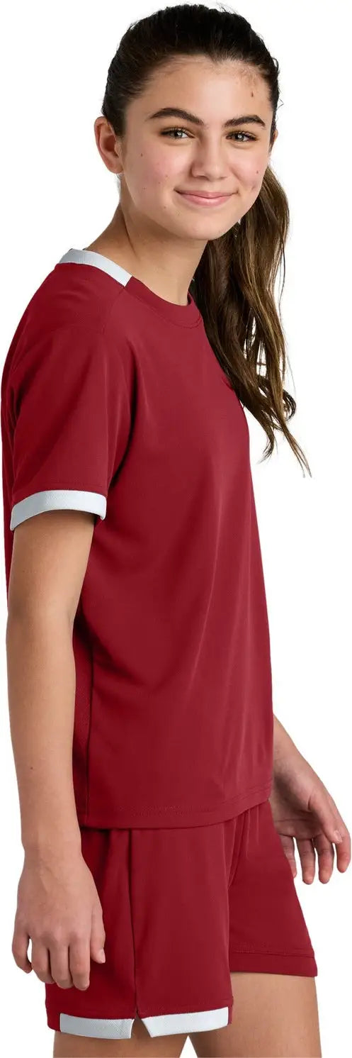 Sport-tek Yst440 Youth Club Short Sleeve Crew - Deep Red White